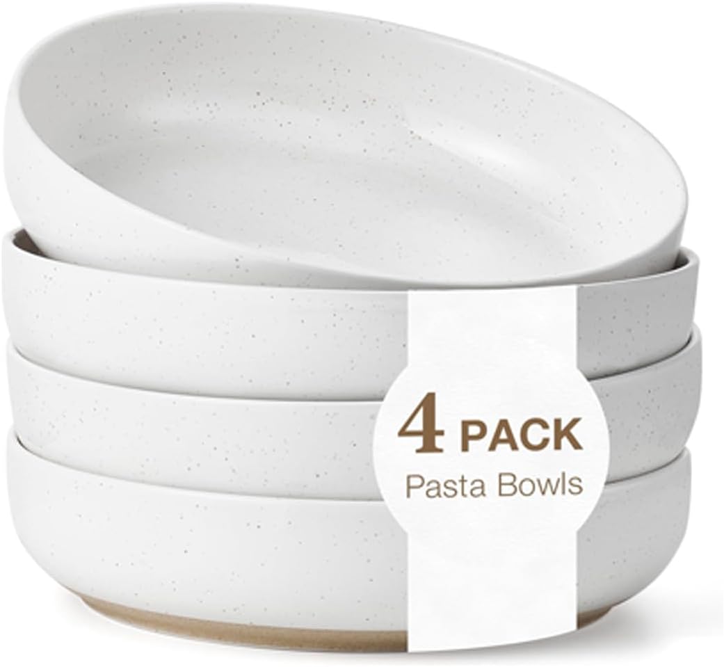 51CRPXyyb1L._AC_SL1296_.jpg 8.3" Pasta Bowls Set of 4, 34 oz Ceramic Salad Bowls, White Serving Plate, Wide and Shallow Bowl for for Fruits, Noodle, Dinner, Housewarming Wedding Christmas Dishwasher and Microwave Safe - Image 1