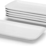 Small Platters Set of 6, Ceramic Rectangle Plates 9 Inch, Modern Sushi Plate Set, White Serving Dishes for Serving Food, Appetizer, Dessert, Dinner, Party