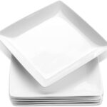 Porcelain Square Dinner Plates, 10.75 Inch Square Serving Plate for Steak, Pasta, Salad, Snacks, Pizza, Appetizer Plates, Set of 6, White | Ceramic Tableware, Raised Rim, Microwave & Dishwasher Safe, Stackable, for Steak, Pasta, Pizza, Everyday Dining, Easy clean