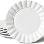 Dessert Plates 8 Inches Set for 6 Ceramic Serving Plates,plates for Cake Waffles,Wavy Style, Snacks, Pasta, Noodle, Dinner, Microwave & Dishwasher Safe (White)