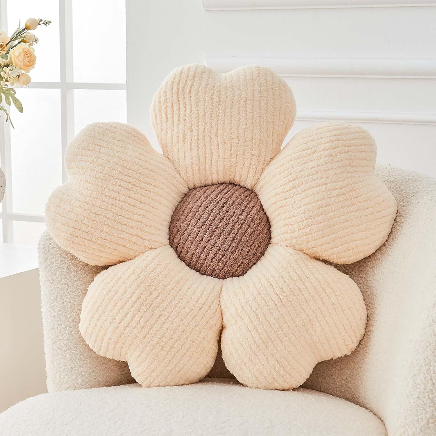 71I9e8IBW6L._AC_SL1500_.jpg Flower Throw Pillow, Cute Flower Shaped Pillow Decorative Throw Pillow for Bed Couch, Soft Daisy Pillows Floor Seating Cushion Cushions (14.9 Inch Ivory+Brown) - Image 1