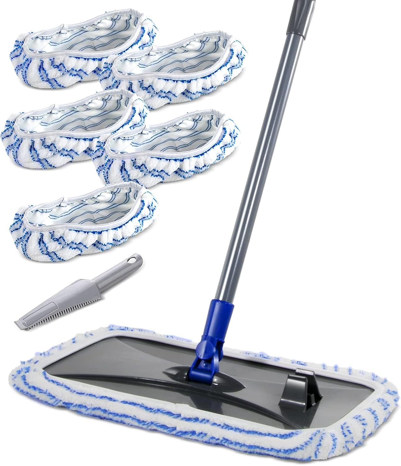 71Pww88cGiL._AC_SL1500_.jpg Extra Large Microfiber Mop for Floor Cleaning, 16“ Flat Mop with 5 Pad for Wet & Dry Use, Dust Mop for Hardwood Laminate Tile Ceramic, 1 Cleaning Scraper Included-Blue - Image 1