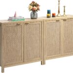 Rattan Sideboard Buffet Cabinet with Large Storage : Boho Credenza Coffee Bar Cabinet with Adjustable Shelves, Farmhouse Console Table for Kitchen, Living Room, Entryway, Natural, 2 Pieces
