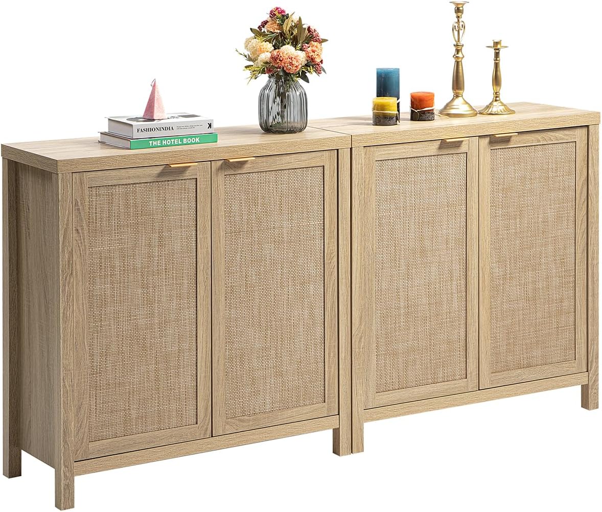 71VDpmTBpgL._AC_SL1500_.jpg Rattan Sideboard Buffet Cabinet with Large Storage : Boho Credenza Coffee Bar Cabinet with Adjustable Shelves, Farmhouse Console Table for Kitchen, Living Room, Entryway, Natural, 2 Pieces - Image 1