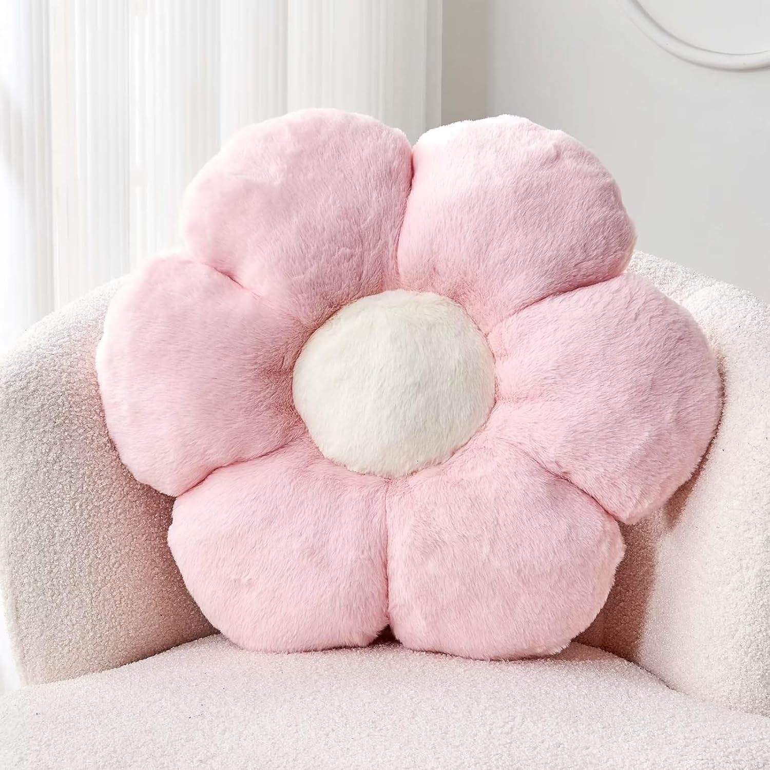 71bo3BypQTL._AC_SL1500_.jpg Pink Flower Pillow, Cute Decorative Flower Shaped Throw Pillow with Faux Rabbit Fur, 14.9" Soft Flower Plush Throw Pillow Floor Pillows Room Décor for Bedroom Living Room - Image 1