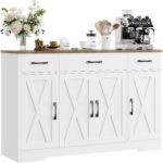 Buffet Cabinet with Drawers, 55" Large Sideboard Buffet Storage Cabinet with Shelves and Doors, Modern Farmhouse Coffee Bar Station Wood Kitchen Table for Kitchen, Dining Room, White/Rustic