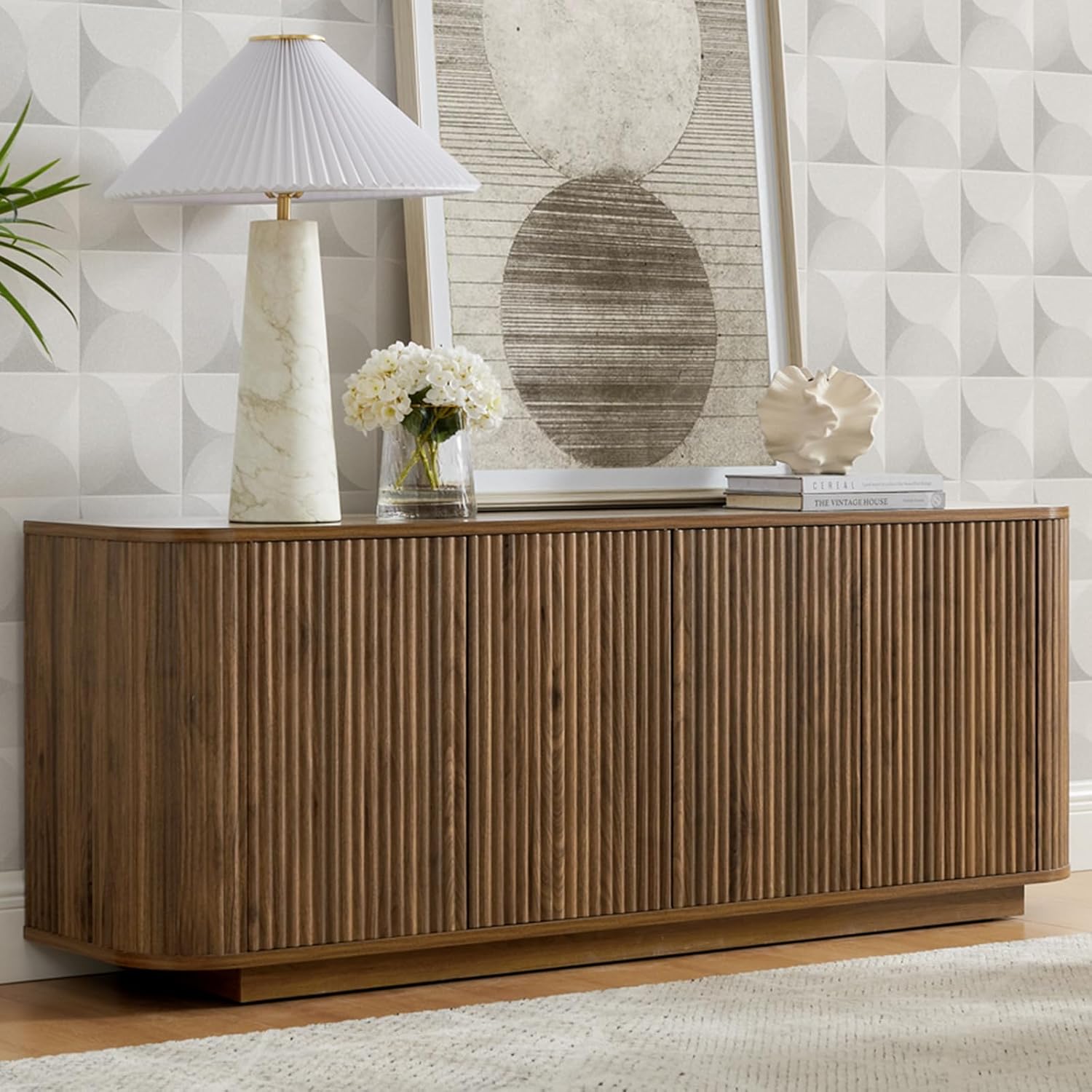71sVkRKanPL._AC_SL1500_.jpg 64" Buffet Sideboard Cabinet with Storage, Modern Fluted Accent Credenza with Adjustable Shelves, Wood Coffee Bar Console Table for Living Room Kitchen Dining Room Hallway, 24" H, Walnut - Image 1