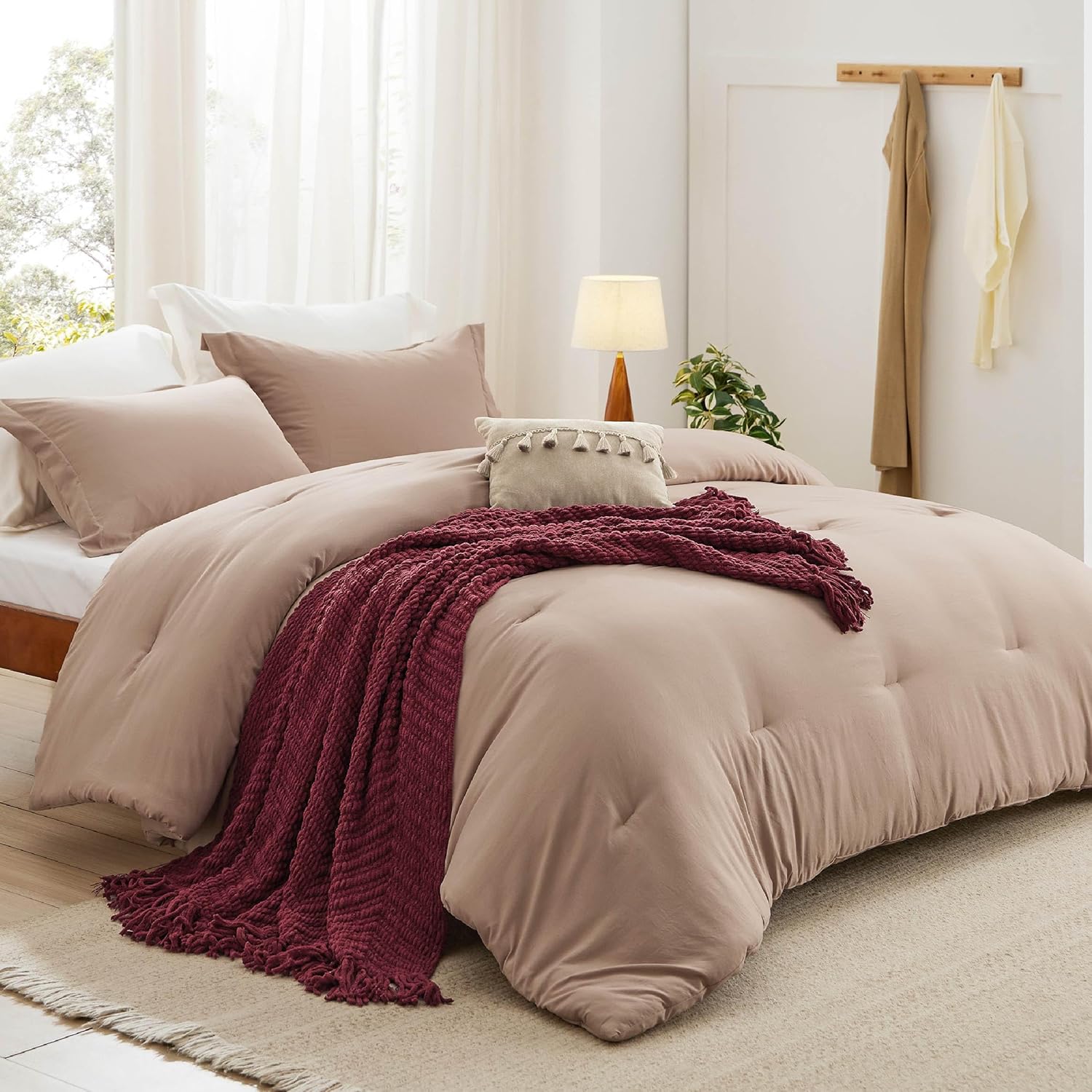 813rpHD0QsL._AC_SL1500_.jpg Full Comforter Set with Throw Blanket - 5 Pieces Boho Bedding, Down Alternative Bed in a Bag,Warm Taupe Bed Set with Comforter, Pillow Shams, Throw Pillow, Chenille Blanket - Image 1