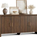 63" Buffet Cabinet with Adjustable Shelves, 4 Doors Sideboard Buffet Cabinet with Storage, Wood Thick Tabletop Sideboard, Modern Coffee Bar for Kitchen, Hallway, Living Room (Walnut)