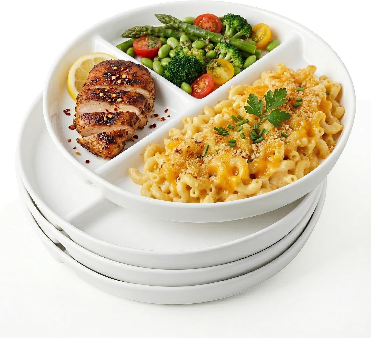 81EQVAqqraL._AC_SL1500_.jpg 10" Ceramic Divided Plates Set of 4 - Large 3 Compartment Portion Control Plates for Adults Kids, Bariatric Dinner Plates for Balanced Meal Prep, Microwave Dishwasher Freezer Safe, White - Image 1