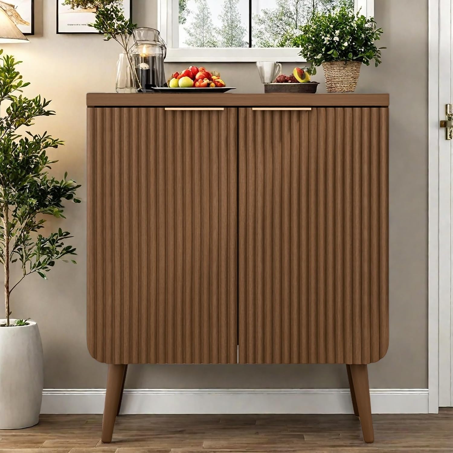 81HZFVDjRwL._AC_SL1500_.jpg Buffet Cabinet, Sideboard Fluted Cabinet Modern Kitchen Buffet Storage Cabinets with Doors and Shelves, Wood Farmhouse Coffee Bar Station for Entryway & Dining Room & Living Room, Walnut - Image 1