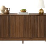 55" Modern 4-Door Sideboard Storage Cabinet, Buffet, Media Cabinet, Cupboard, Entryway Accent Table, Bookcase w/Reed Panels and Adjustable Shelves – Walnut