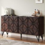 63" Acacia Wood Sideboard Buffet with Hand-Carved Geometric Doors, Console Cabinet with Adjustable Shelves for Kitchen/Living Room/Entryway, Dark Walnut