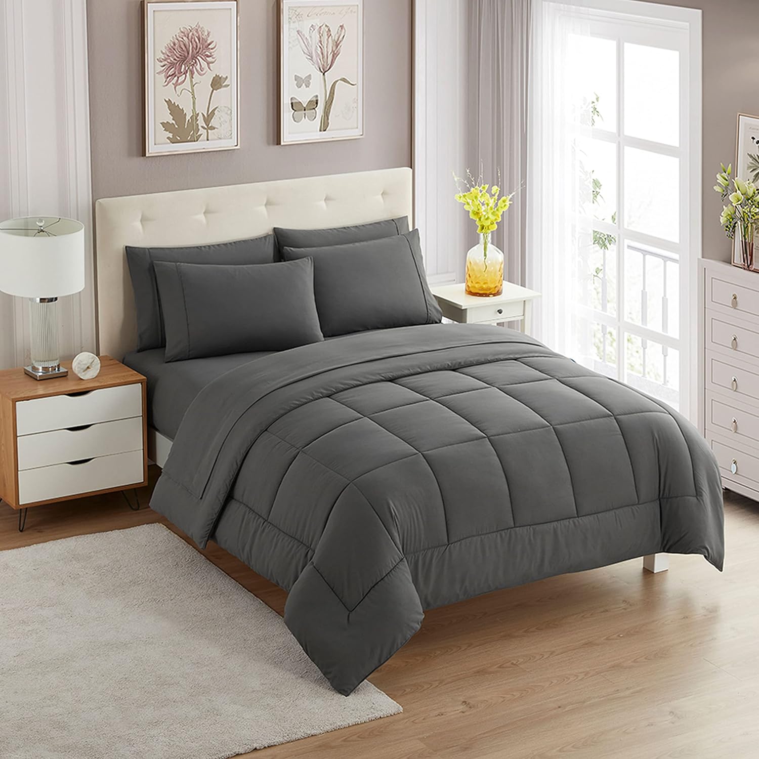 81PE-qI9rLL._AC_SL1500_.jpg Full Size Comforter Set with Sheets - 7-Piece Bedding Collection - 1 Comforter, 1 Fitted Sheet, 1 Flat, 4 Pillowcases - Deep Pocket - Soft & Breathable Premium Quality - Ideal for All Seasons, Gray - Image 1