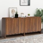 Sideboard Buffet Cabinet Set of 2, Accent Storage Cabinets with 2 Doors, Farmhouse Wood Cabinet with Adjustable Shelves and Wave Panel for Living Room, Dining Room, Entry - Walnut