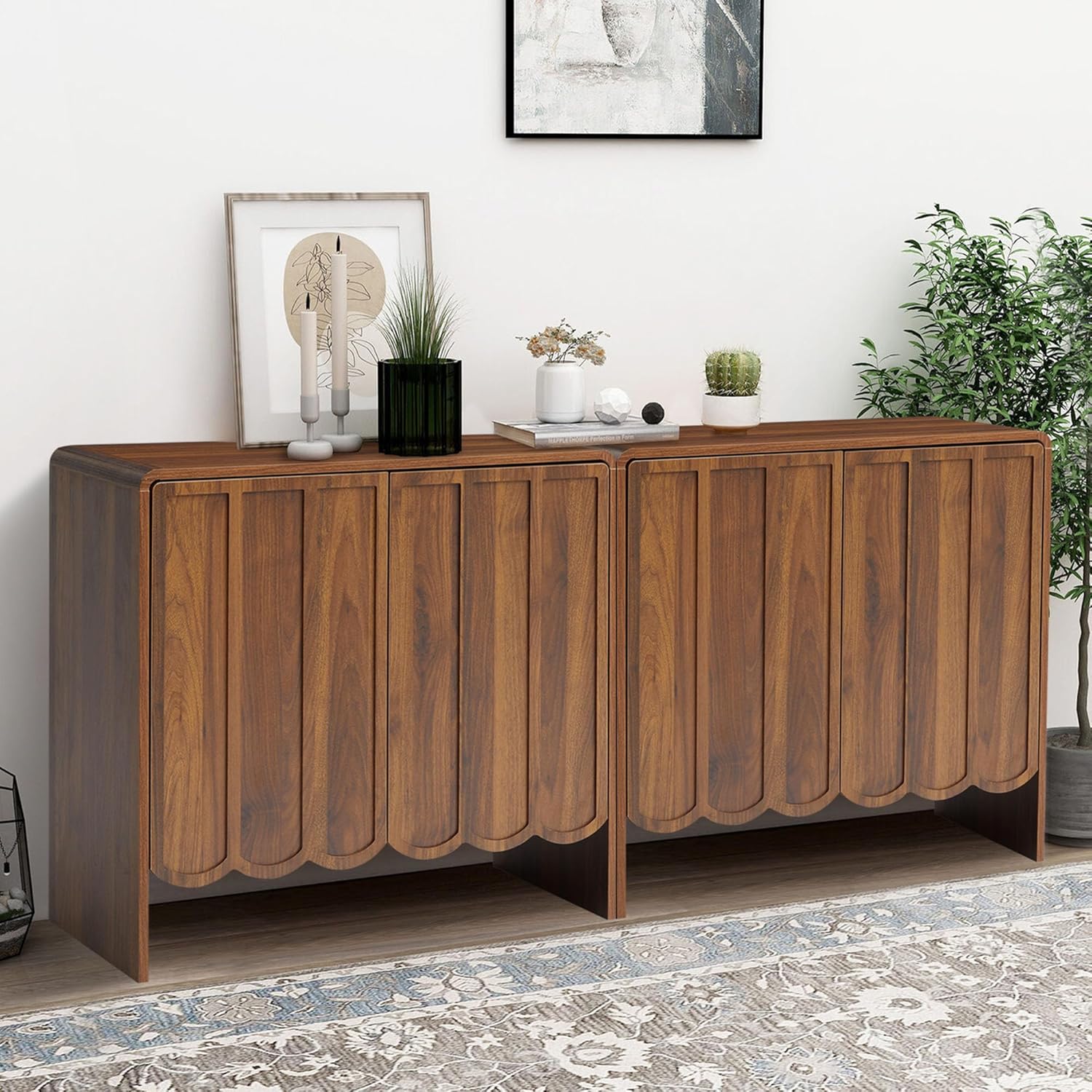 81Ud-drcMUL._AC_SL1500_.jpg Sideboard Buffet Cabinet Set of 2, Accent Storage Cabinets with 2 Doors, Farmhouse Wood Cabinet with Adjustable Shelves and Wave Panel for Living Room, Dining Room, Entry - Walnut - Image 1