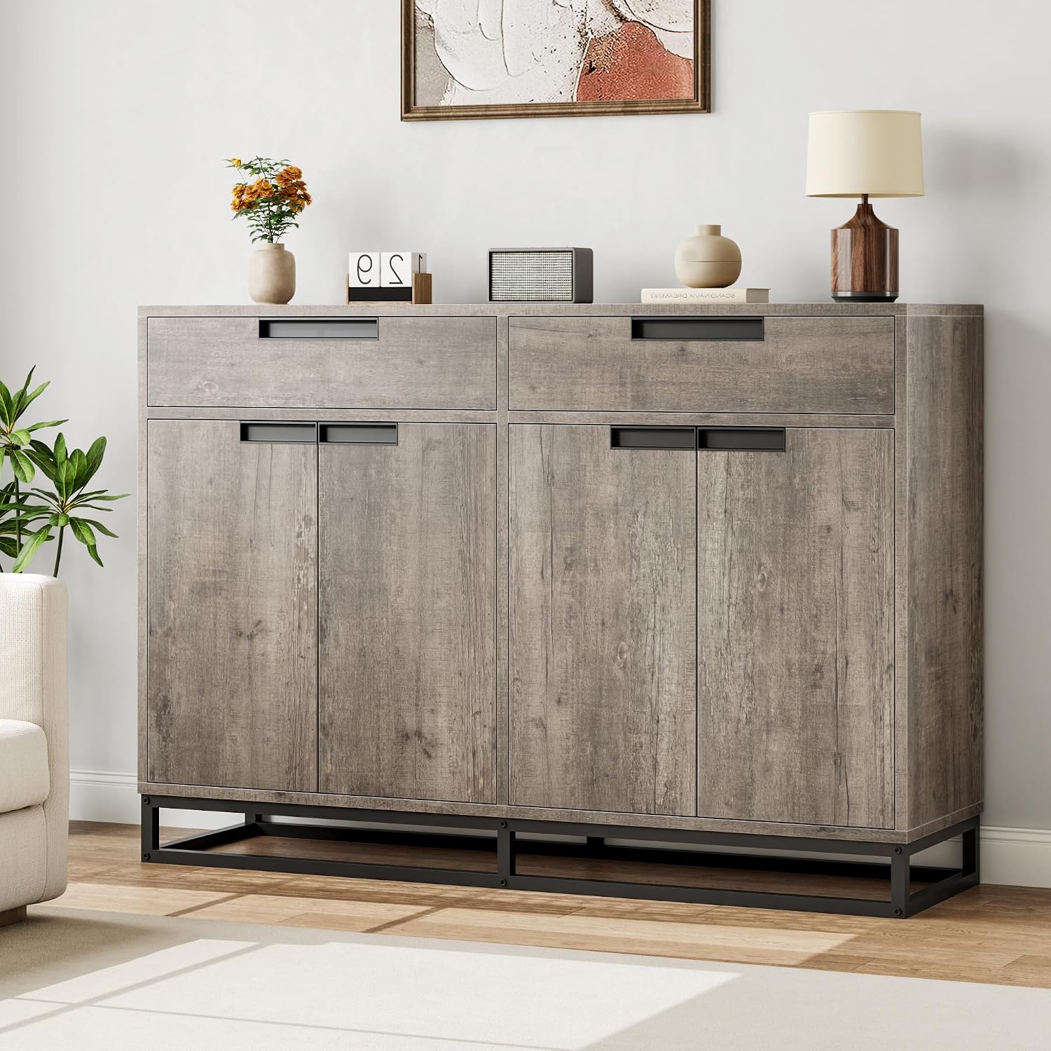81WAhQaLdFL._AC_SL1500_.jpg Sideboard Buffet Cabinet, 55 Inch Large Modern Kitchen Accent Storage Cabinet with 2 Drawers and 4 Doors, Coffee Bar Buffet Table for Kitchen and Dining Room, Gray - Image 1