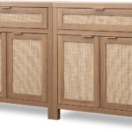 Sideboard Buffet Cabinet Set of 2, Rattan Credenza Storage Cabinet, Boho Buffet Table Console Cabinets with Drawer, Farmhouse Coffee Bar for Entryway Living Room, Natural Oak
