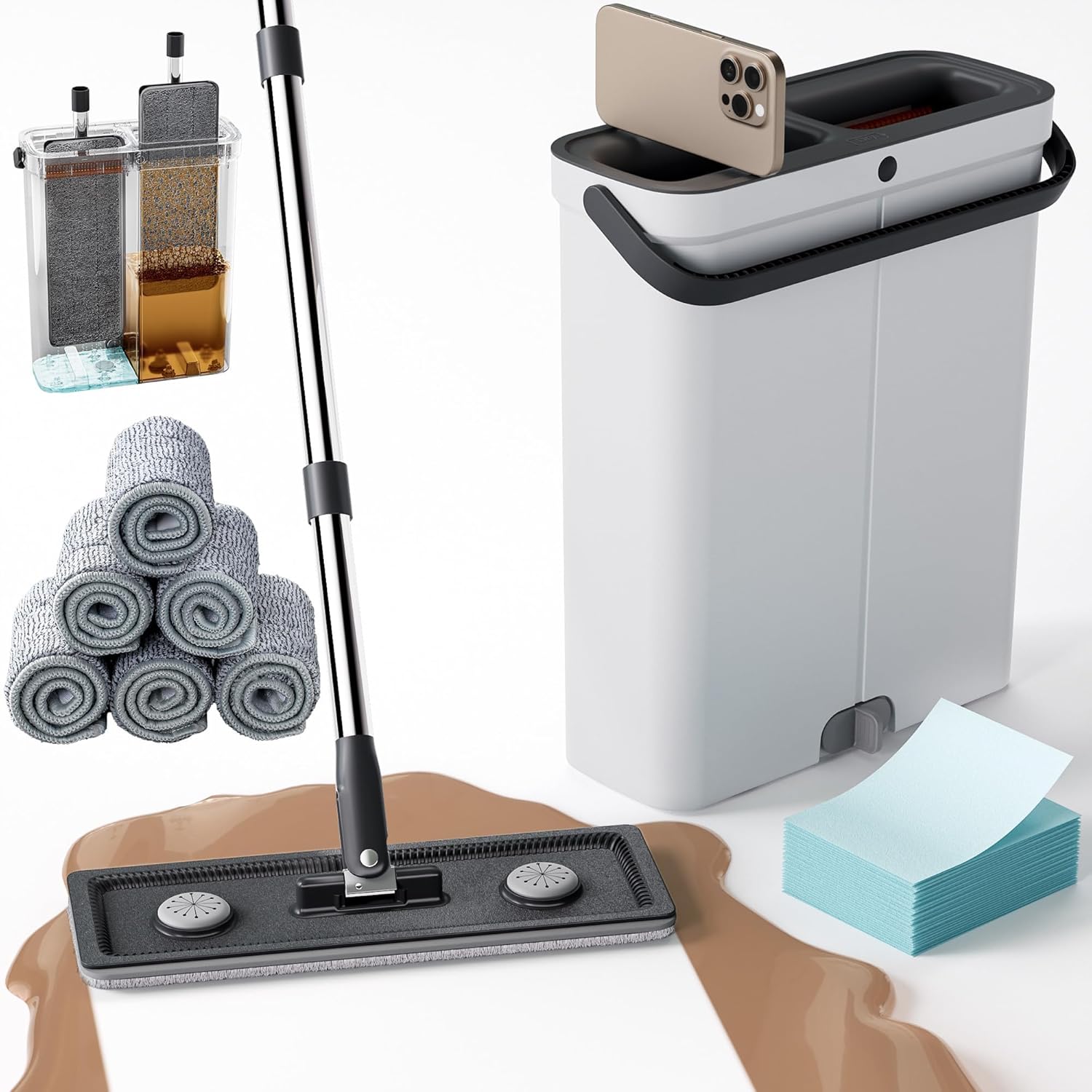 81b4qr0biqL._AC_SL1500_.jpg Compact Floor Mop and Bucket - Flat Mop and Bucket with Wringer Set Hands Free | Wet Dry Mop for Apartment, Tiny Home, RV, Windows, Wall, Hardwood, Vinyl, Floor with 6 Microfiber Cloths - Image 1