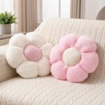 2 Pcs Pink White Throw Pillows Cute Flower Pillow Daisy Flower Shaped Floor Cushions Set, Preppy Decorative Throw Pillows for Girls Bed Bedroom Couch Decor (White & Pink, 15 INCH)