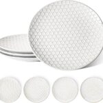 Ceramic Dinner Plates Set of 4, 10 Inch Large White Plate Set for Kitchen, Microwave & Dishwasher Safe Dinnerware Sets, Scratch Resistant Serving Plates for Steak, Pasta - Embossed, White