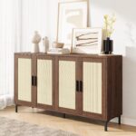 Sideboard - Kitchen Buffet Cabinet with Rattan Decorated Doors, Accent Sideboard Cabinet with Doors, Coffee Bar Cabinets Rattan Buffet Cabinets with Storage