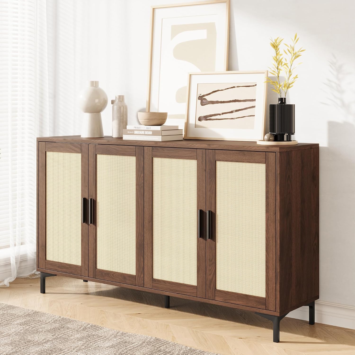 81izyDLVgL._AC_SL1500_.jpg Sideboard - Kitchen Buffet Cabinet with Rattan Decorated Doors, Accent Sideboard Cabinet with Doors, Coffee Bar Cabinets Rattan Buffet Cabinets with Storage - Image 1