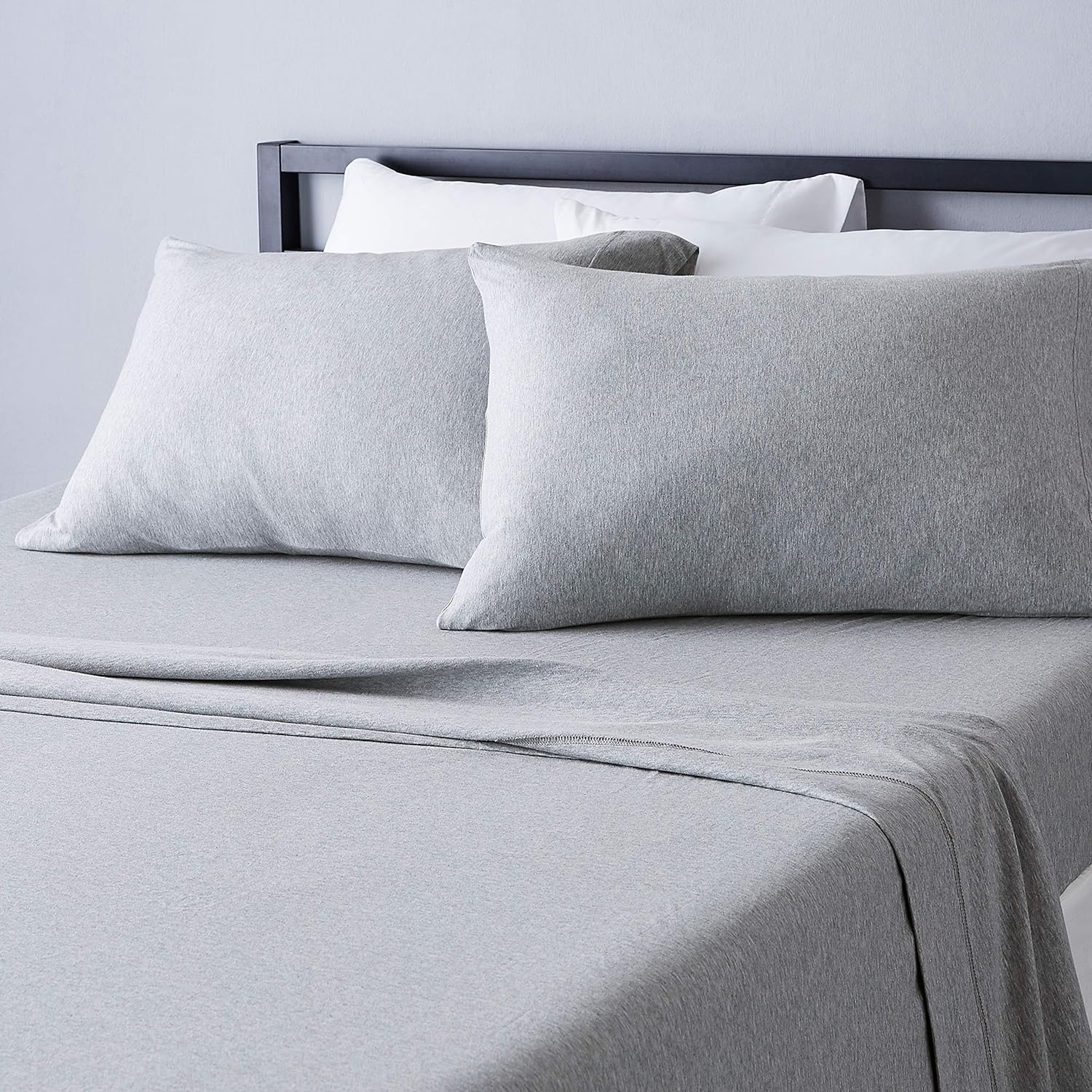 91AgXD7HZIL._AC_SL1500_.jpg 4 Piece Bed Sheets Set, 100% Cotton Jersey, Includes Super Soft, Flat and Fitted Sheets, Pillowcase, King, Light Gray, Solid - Image 1