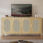 63" TV Stand 4 Cabinet Dressers Storage Natural Rattan Oak Wooden Chest with Golden Handles - Modern Large Closet Boho for Living Room/Hallway/Entryway