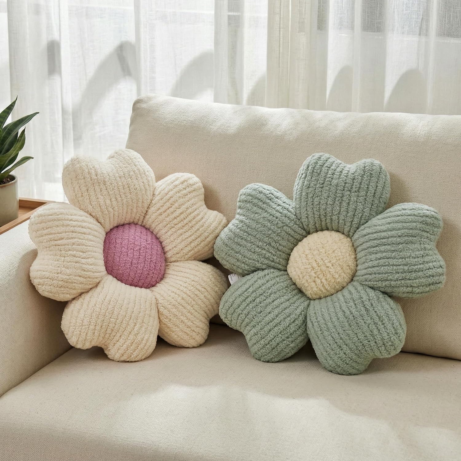 91fCozCet9L._AC_SL1500_.jpg 2Pcs Flower Pillow Cute Decorative Throw Pillows Cushions for Bed bedroom | 15 Inch, Sage Green & Ivory, Floor Seating Cushion,Soft and Comfortable, Bed Couch Dorm Decor, Small, Cherry Blossom Shape, - Image 1